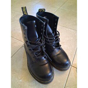 Dr. Martens Black Leather Lace-Up Combat Boots with Yellow Stitching